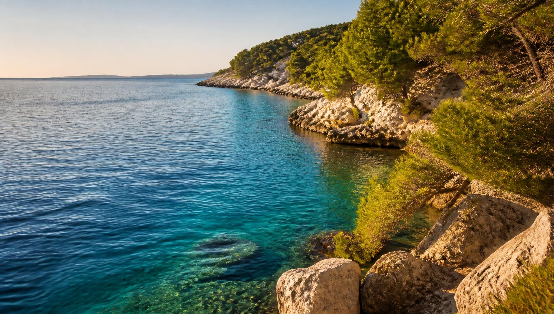 Crystal clear Adriatic Sea along the Croatian Dalmatian coast in warm late afternoon light