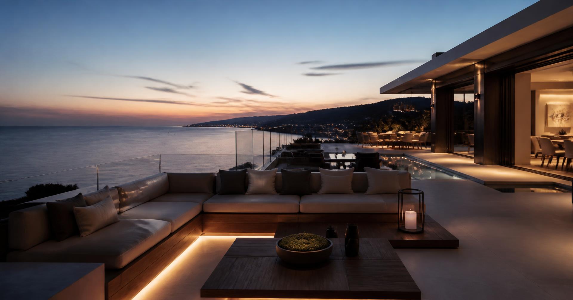 Premium rooftop terrace overlooking the Adriatic Sea at dusk