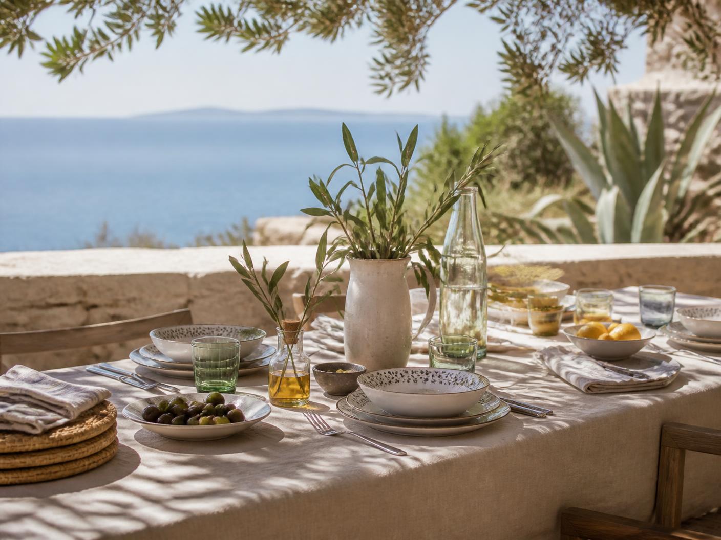Terrace table set for lunch under olive branches with the Adriatic beyond
